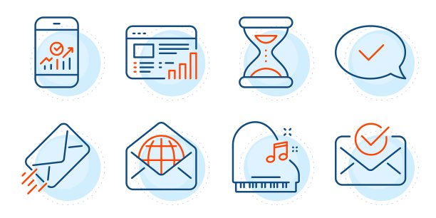 时间，网络邮件和电子邮件图标设置。已批准的信息，钢琴和智能手机统计标志。向量图片下载
