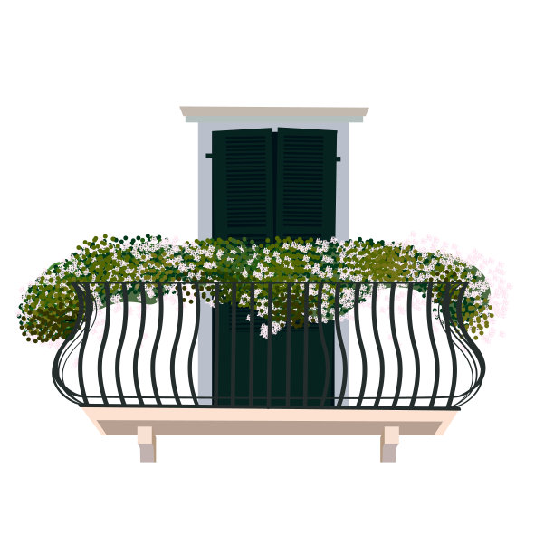 拱形窗户与阳台，室内植物装饰和华丽的扶手孤立在白色背景。窗外的景色与植物平面矢量插图图片下载