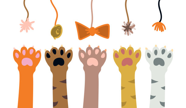 可爱的卡通猫的爪子玩玩具。小猫孤立在白色背景上。矢量插图。图片下载