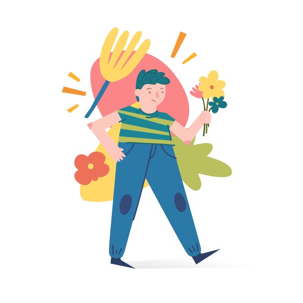 春季和夏季插画概念与卡通人物人物。现代背景，可爱的花朵，树叶和抽象的形状。旗帜和t恤的艺术。向量图片下载