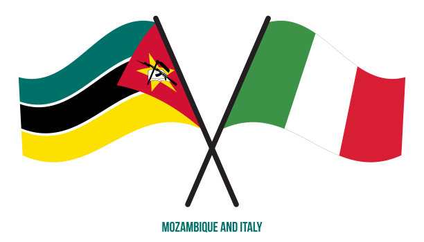 莫桑比克和意大利旗帜交叉和挥舞扁平风格。官方的比例。正确的颜色图片下载