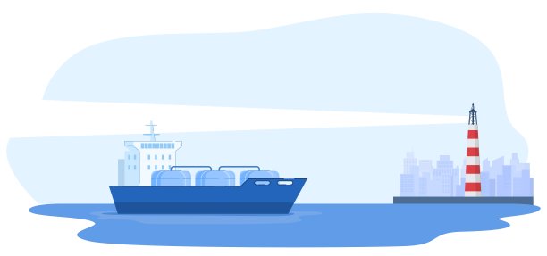 大型船舶停泊在城市，灯塔，城市背景，行业概念旗帜，平面矢量插图，孤立在白色。图片下载