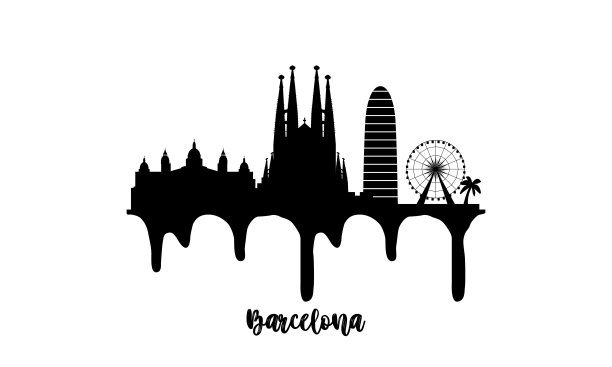 巴塞罗那西班牙黑色天际线轮廓矢量插图上的白色背景与滴墨效果。图片下载
