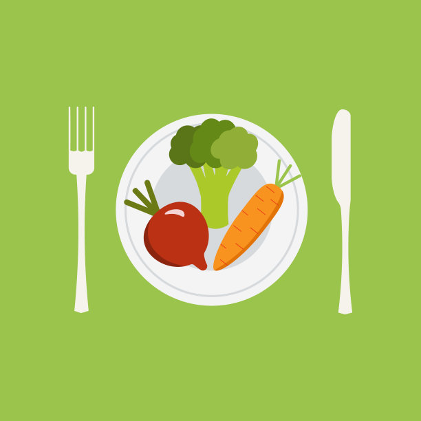 向量颜色蔬菜甜菜根胡萝卜西兰花图标。食物标志用盘子和刀叉。健康生活方式插图印刷，网页。设计元素图片下载