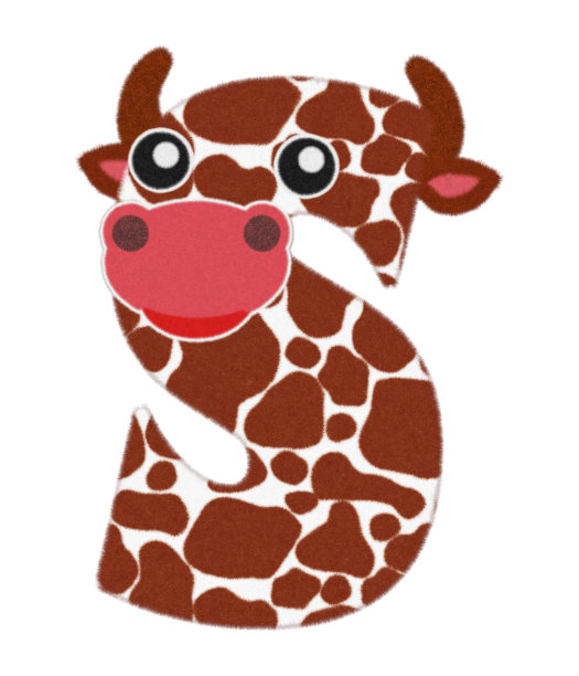 3D插图牛卡通人物毛毛羽毛字母S装饰可爱的牛脸，棕色公牛或牛字母S孤立在白色背景有剪切路径。设计字体动物的概念。图片下载