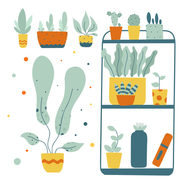 绿色盆栽植物抽象平面矢量插图。图片下载