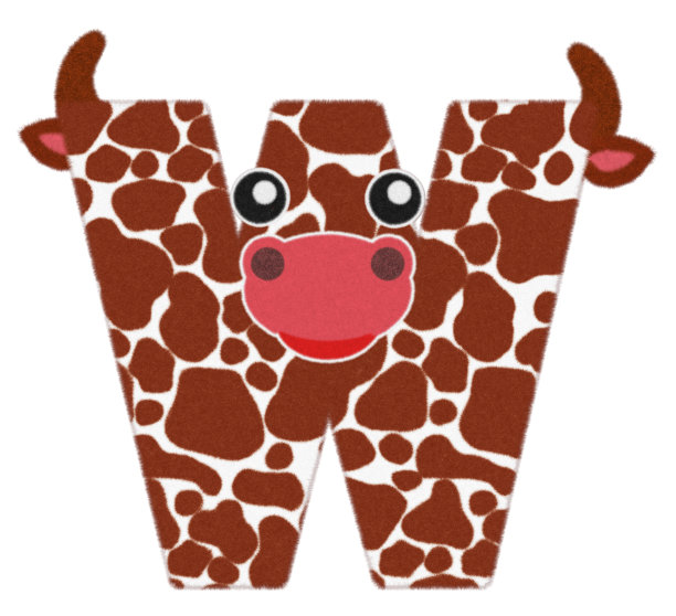 3D插图牛卡通人物羊毛毛皮羽毛字母W装饰可爱的牛脸，棕色公牛或牛字母W孤立在白色背景有裁剪路径。设计字体动物的概念。图片下载