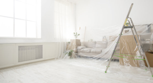 沙发和盒子上覆盖着透明的防尘布图片下载