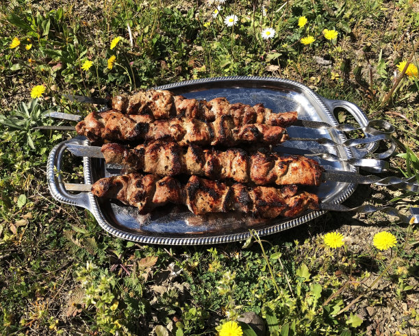金属托盘上的烤肉特写。烧烤时间。在户外。野营图片下载