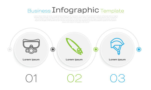 设潜水面罩、冲浪板、自行车头盔图片下载