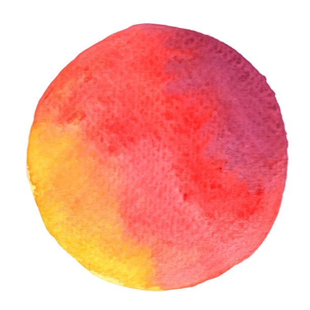 红色，粉色和黄色水彩手画旗帜外圆形状的装饰艺术品。图片下载