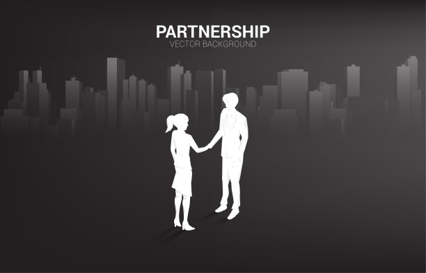 剪影的商人和商人握手与城市背景。图片下载