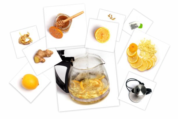 排毒鸡尾酒配方，有绿茶，柠檬，生姜，蜂蜜。增加免疫力的饮料配方。水果鸡尾酒是一种健康的生活方式，饮食。在白色背景上隔离图片下载