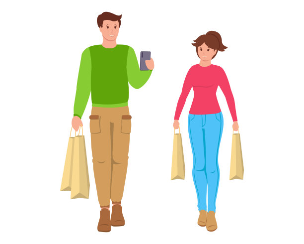 年轻一对男女去购物矢量图片下载