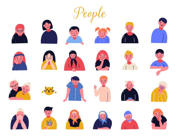 一组不同年龄的快乐人群的化身。男人和女人的肖像。图片下载