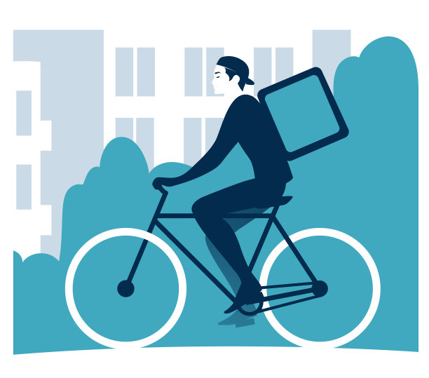 快递员，一个骑着自行车的快递员，背着食品快递背包，以城市为背景，矢量图。图片下载