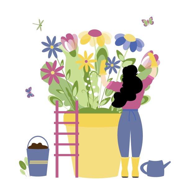 新潮春天，园艺人概念。发型时尚的时尚女孩关心春天的花朵图片下载