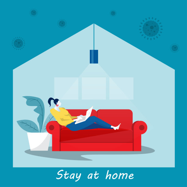 年轻女子躺在家里的沙发上用笔记本电脑工作。网上购物，插画向量。图片下载