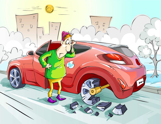 一个男人站在一辆破车旁边图片下载