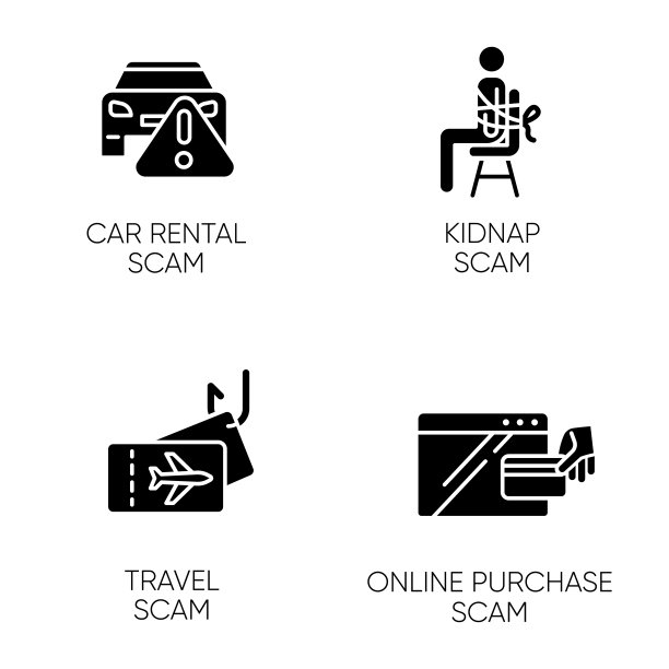 诈骗类型字形图标集。汽车租赁，网上购买诈骗方案。绑架、旅游技巧。网络犯罪。金融欺诈。非法获得的钱。轮廓符号。向量孤立的插图图片下载