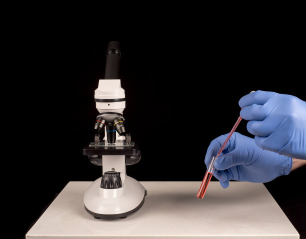 显微镜和手与外科手套处理溶液图片下载