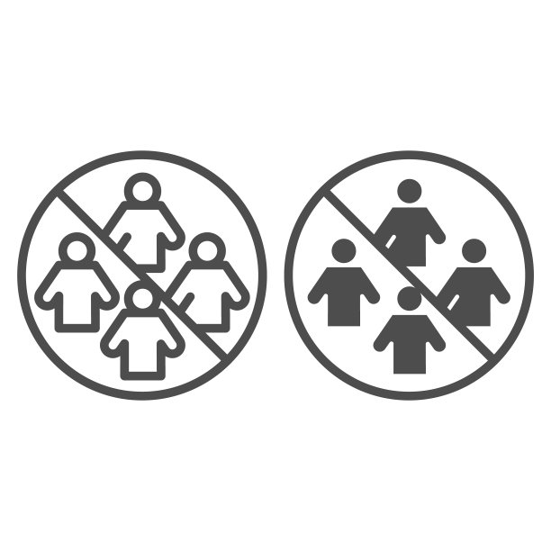 禁止人群聚集线性图标。保持社交距离标志，白色背景轮廓样式示意图。避免人群聚集，用于移动概念和网页设计矢量图形。图片下载