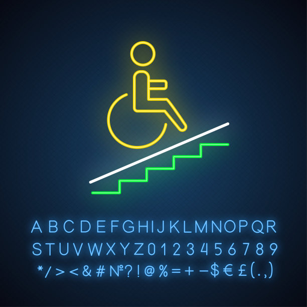 轮椅通道霓虹灯图标。方便残疾人使用。残疾人设施。轮椅坡道的迹象。有字母、数字和符号的发光符号。向量孤立的插图图片下载