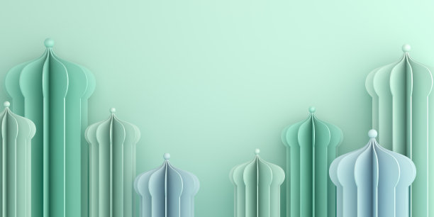 伊斯兰背景，阿拉伯清真寺剪纸在白蓝色蜡笔。庆祝日斋月kareem或eid al fitr adha, mawlid, muharram, isra miraj的设计概念，复制空间文本，3D插图。图片下载