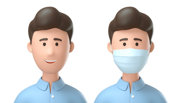 在冠状病毒大流行之前和期间的人的3D插图。卡通人物戴着医用口罩以防止病毒感染。图片下载