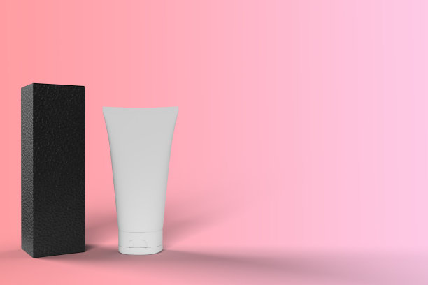 一个空白化妆品管和黑色皮革纹理盒在粉红色梯度背景。模型3d渲染图像与复制空间。图片下载