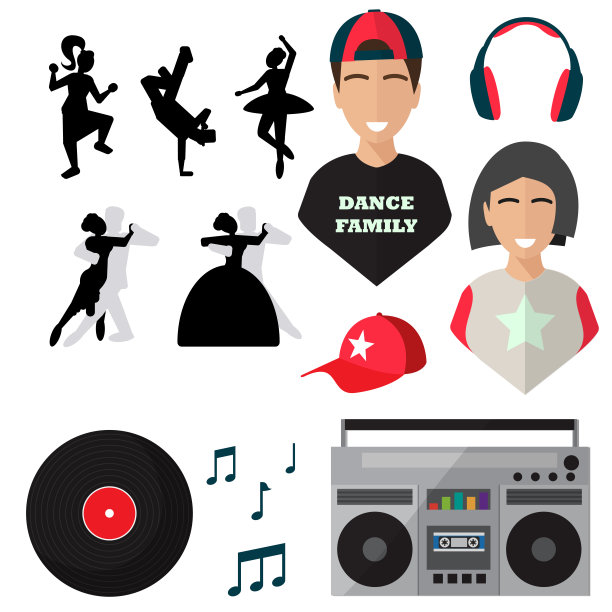 舞者，白色背景上孤立的图标。舞蹈，帽子，乐谱，唱片，录音机，耳机图片下载