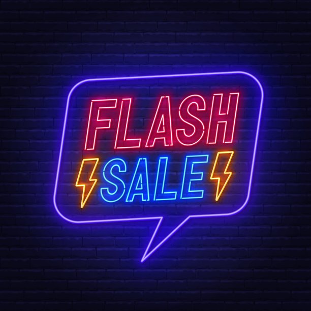 砖墙背景上的限时抢购霓虹灯。图片下载