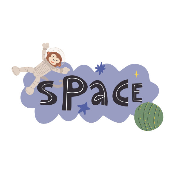 手写字母空间和滑稽的猴子宇航员在外层人的衣服，星星和行星。平面矢量插图上孤立的背景。图片下载