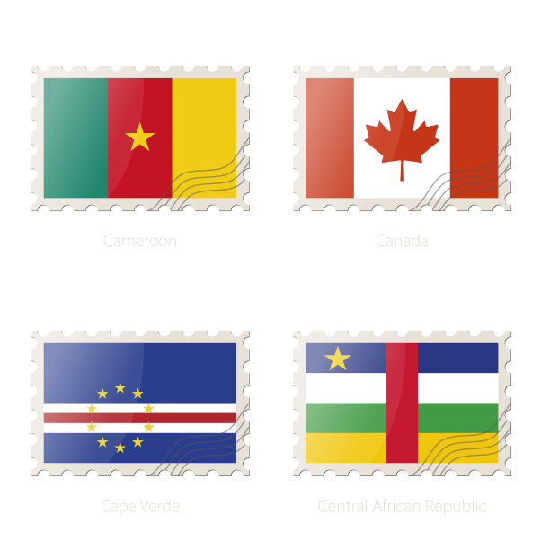 邮票上印有喀麦隆、加拿大、佛得角、中非共和国国旗图案。图片下载