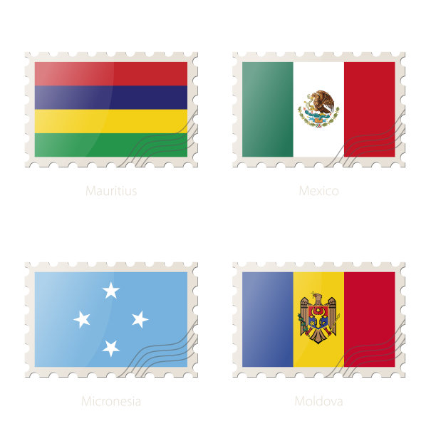邮票上印有毛里求斯、墨西哥、密克罗尼西亚、摩尔多瓦国旗的图案。图片下载