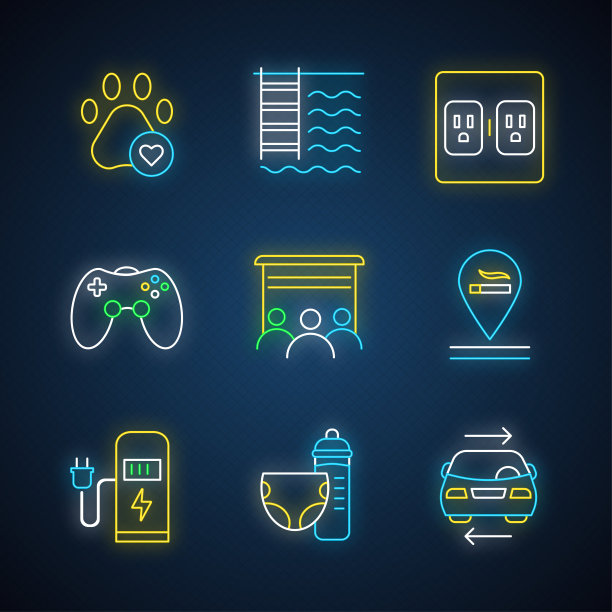 公寓设施霓虹灯图标集。允许宠物，游泳池，充电插座，游戏室，电影院，电动汽车充电站，托儿所，汽车共享。发光的迹象。向量孤立的插图图片下载