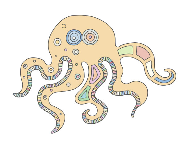 矢量手绘彩色插图孤立的章鱼装饰几何元素，线，点。图片颜色。画线。图片下载