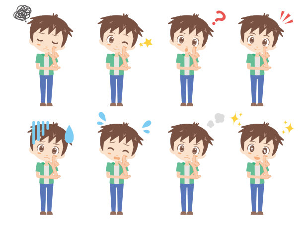 左手扶面、右手托肘的男人姿势插画图片下载