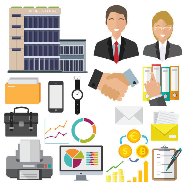 业务图标隔离集。商人和女商人，办公大楼，文件夹与文件，电脑与图表。打印机和公文包的标志，握手和笔做标记向量图片下载