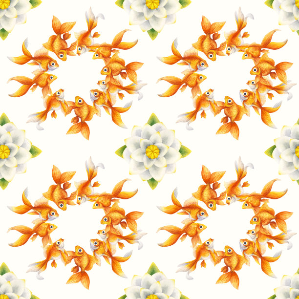 无缝模式。背景,金鱼。金色的观赏鱼。水彩，写实插图。宠物、睡莲、装饰动物。神奇的黑线鳕图片下载