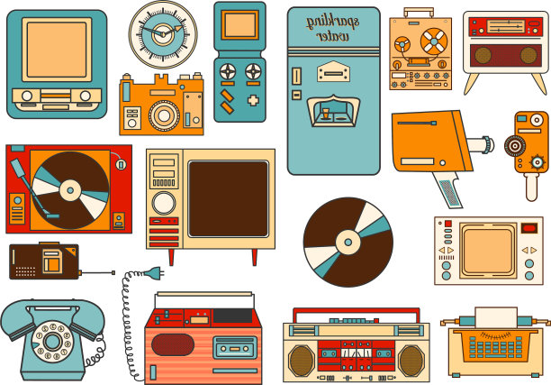一套彩色复古平面电子图标80-90年代图片下载