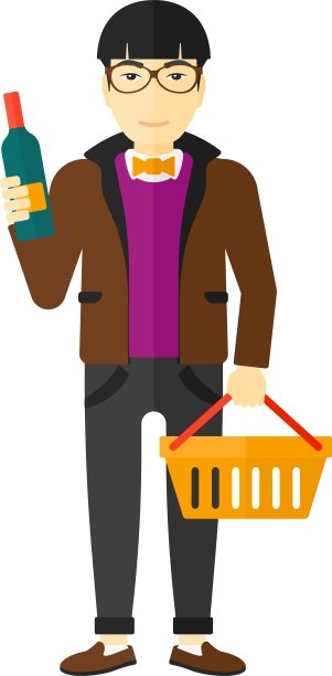 顾客拿着购物篮和一瓶酒图片下载