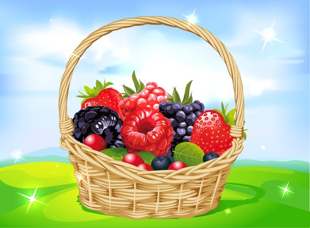 绿色草地上装满水果的篮子图片下载