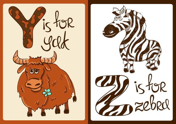 牦牛和斑马的儿童字母图片下载