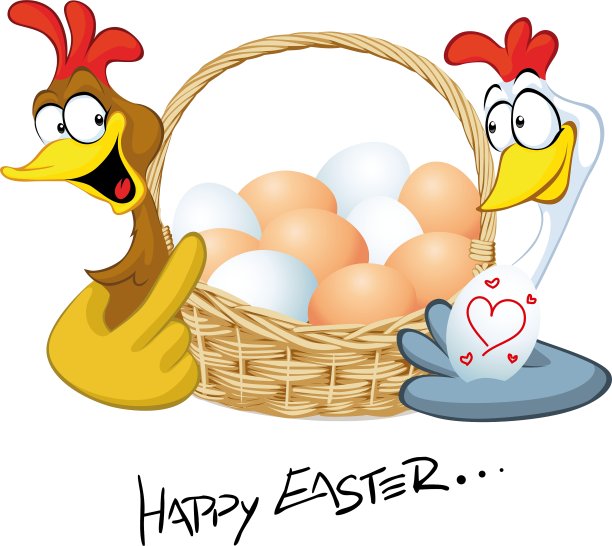 复活节快乐——恋爱中的母鸡拿着有鸡蛋的篮子图片下载