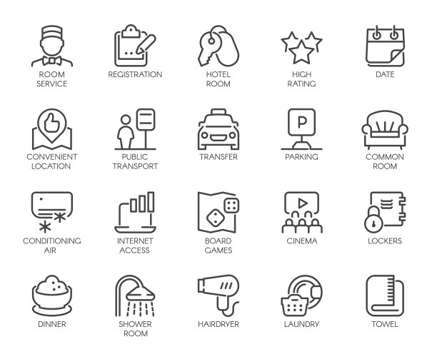 一套20行图标的客房服务。轮廓标签酒店客栈，青年旅社，公寓，公寓预订网站和应用程序。象形图孤立。向量大纲说明图片下载