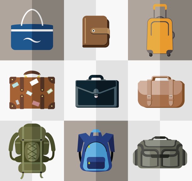 一套扁平的包和钱包图标图片下载