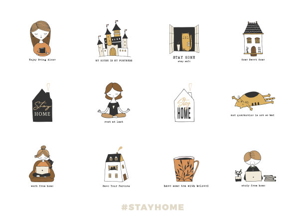 新型冠状病毒肺炎一套矢量彩色插图。在冠状病毒大流行期间呆在家里隔离。图片下载