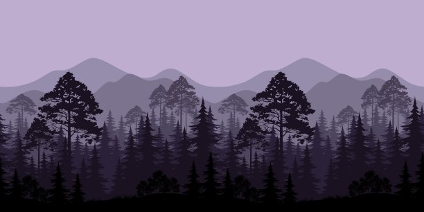 无缝景观树木和山的剪影图片下载