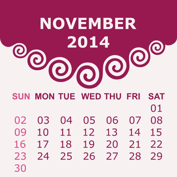 2014年11月的日历，螺旋设计图片下载